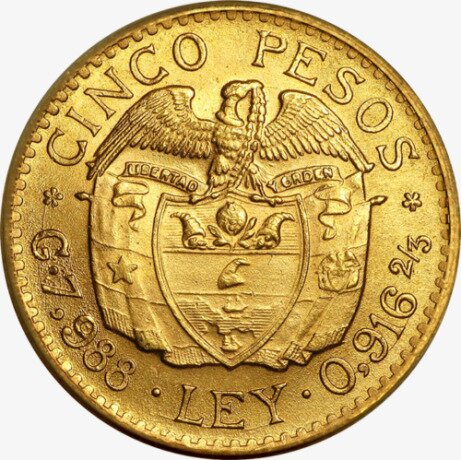 5 Pesos Colombia Simon Bolivar Moneta d'Oro | 1919-1930