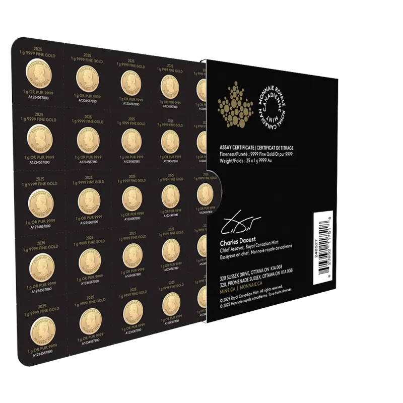 Maple gram guldmynt enstaka mynt 1 gram. Hel karta om 25 mynt beställes via mail för att få 5% lägre pris. image